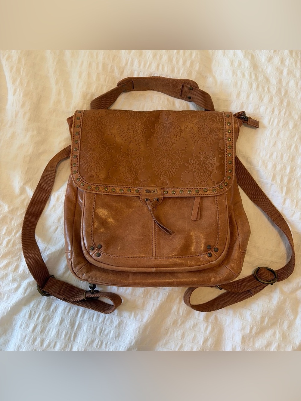 The Sak Convertible Backpack Brown Leather Floral Design